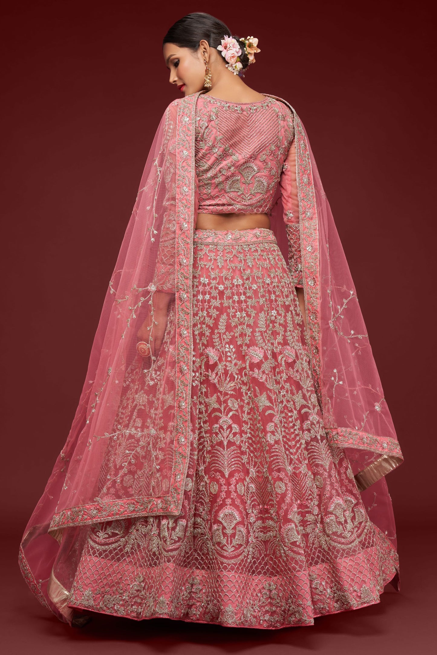 Pink Heavy Net Zari And Thread Worked Wedding & Festival Wear Lehenga Choli