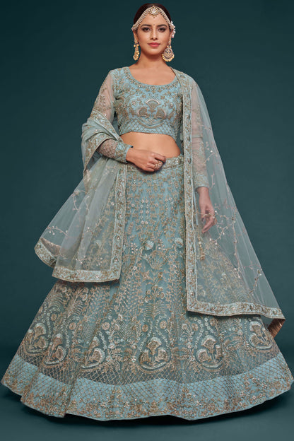 Golden Heavy Net Zari And Thread Worked Wedding & Function Wear Lehenga Choli