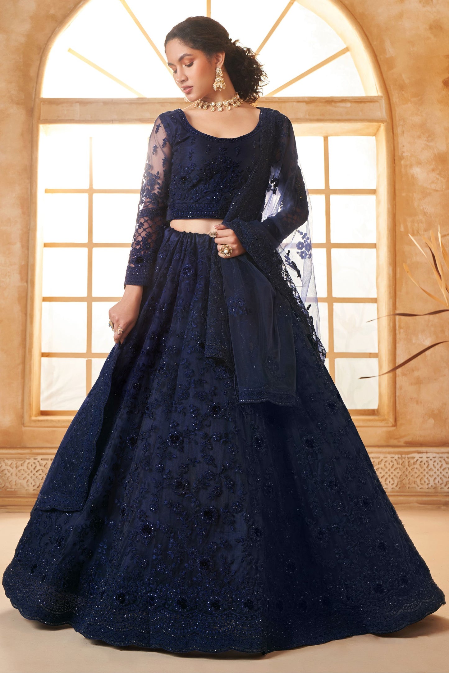 Blue Colored Fancy Net Lehenga Choli With Stone Worked Blouse And Designer Net Dupatta - Marriott Fashion