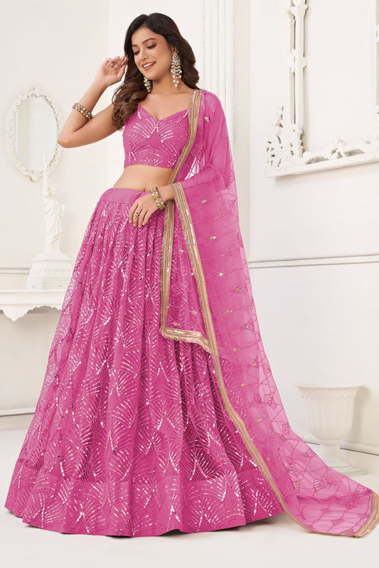 Pink Heavy Net Thread & Embroidery Worked Wedding Function Wear Lehenga Choli