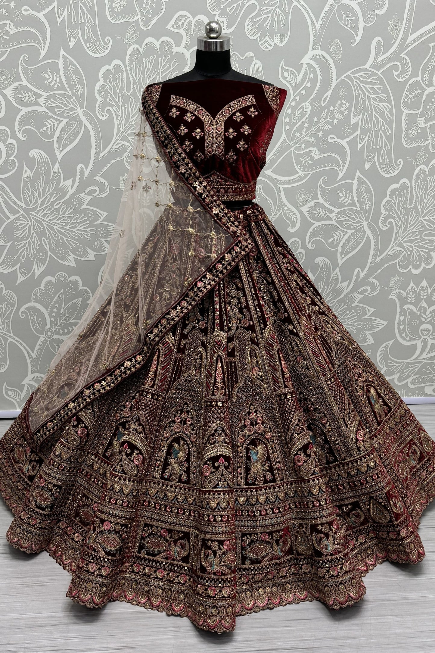 Cherry Red Heavy Velvet Thread& Diamond Worked Indian Wedding Wear Lehenga Choli