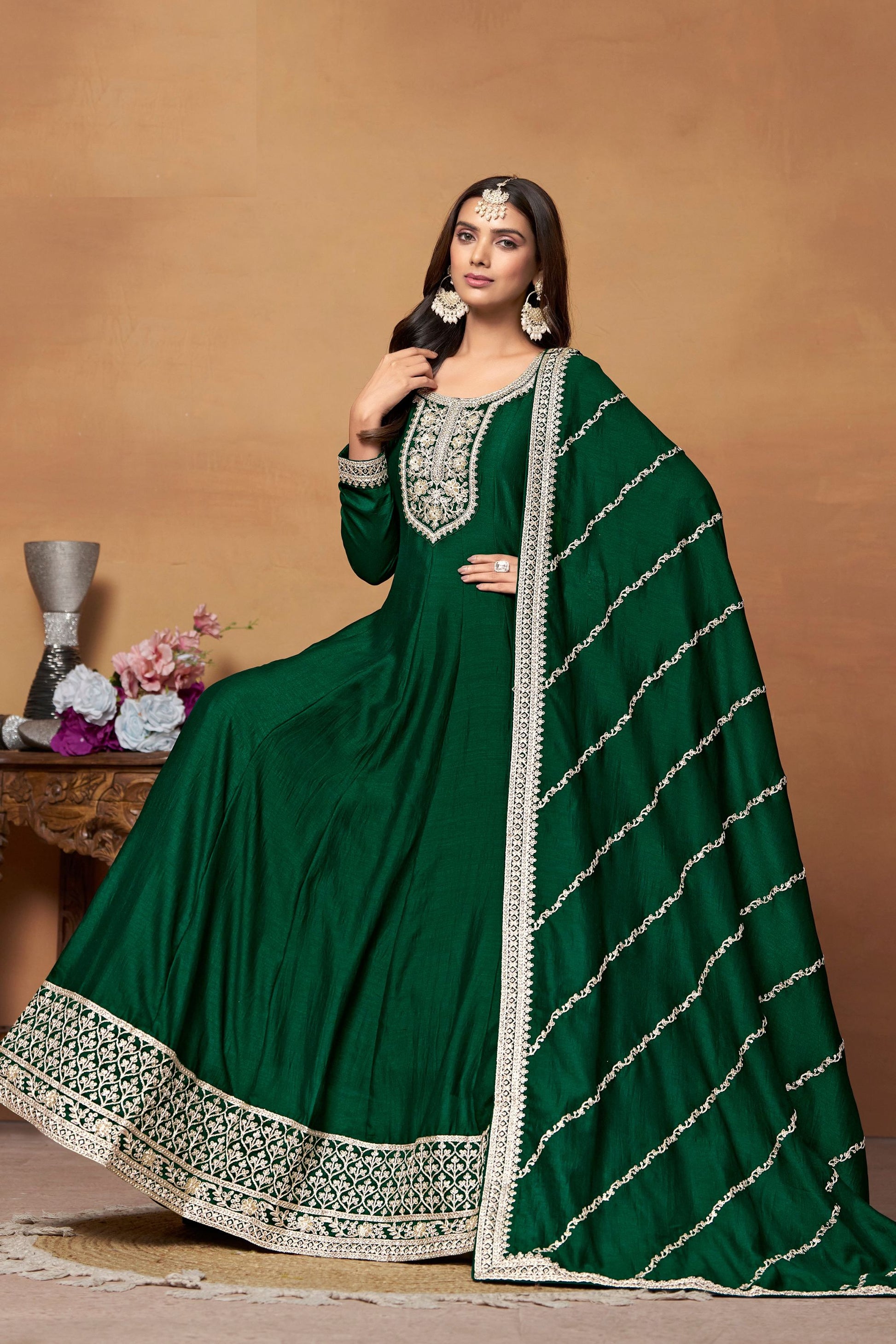 Green Colored Heavy Silk Salwar Kameez With Embroidered Dupatta, Festival & Wedding Wear Long Dresses - Marriott Fashion