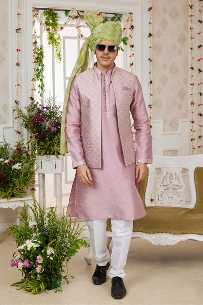 Men’s Wear Art Silk Kurta Pajama Set With Printed Worked Jacket , Wedding & Function Wear Ready Made Kurta Pajama - Marriott Fashion