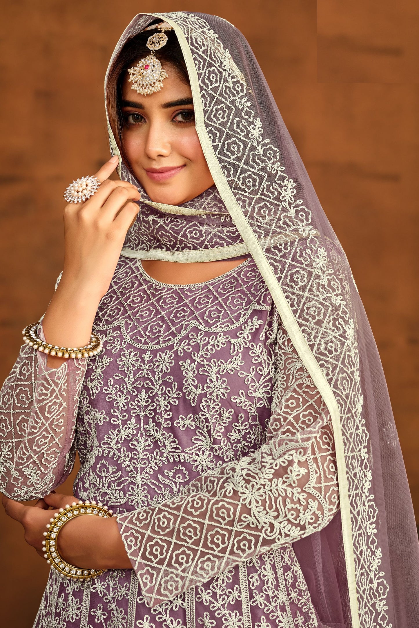 Purple Heavy Net Embroidery Worked Wedding & Function Wear Anarkali Gown