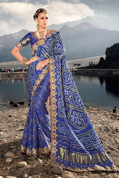 Blue Gajji Silk Heavy Embroidery Worked Indian Wedding Wear Saree