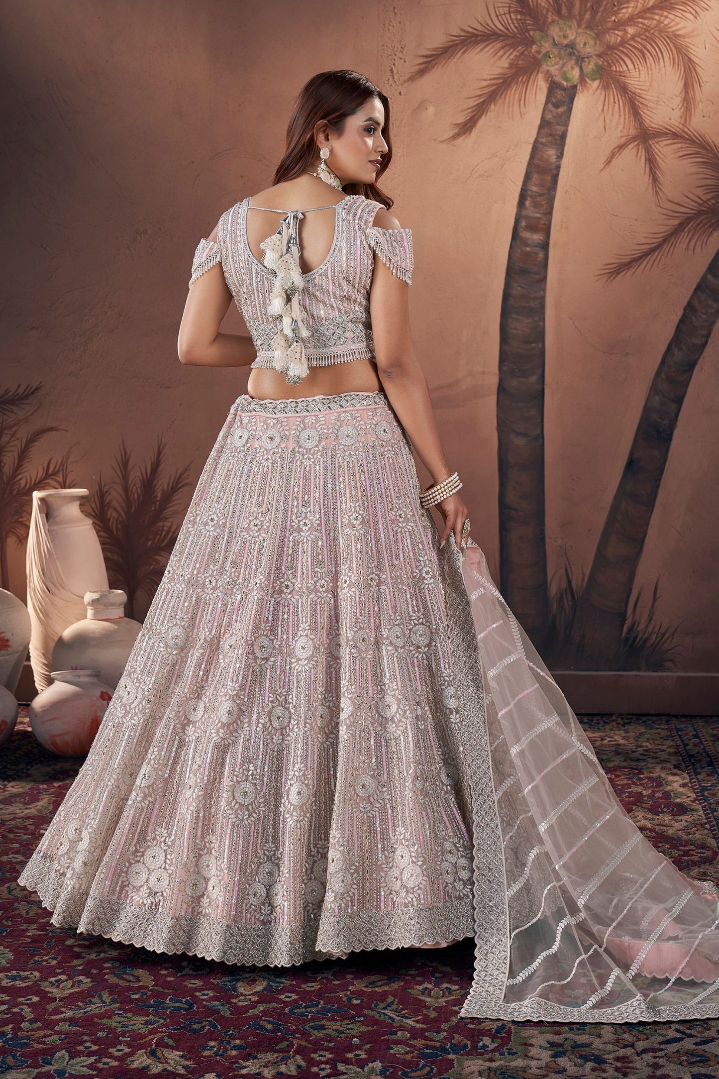 Baby Pink Colored Most Beautiful Net lehenga Choli, Diamond Worked Blouse Piece With Designer Dupatta - Marriott Fashion