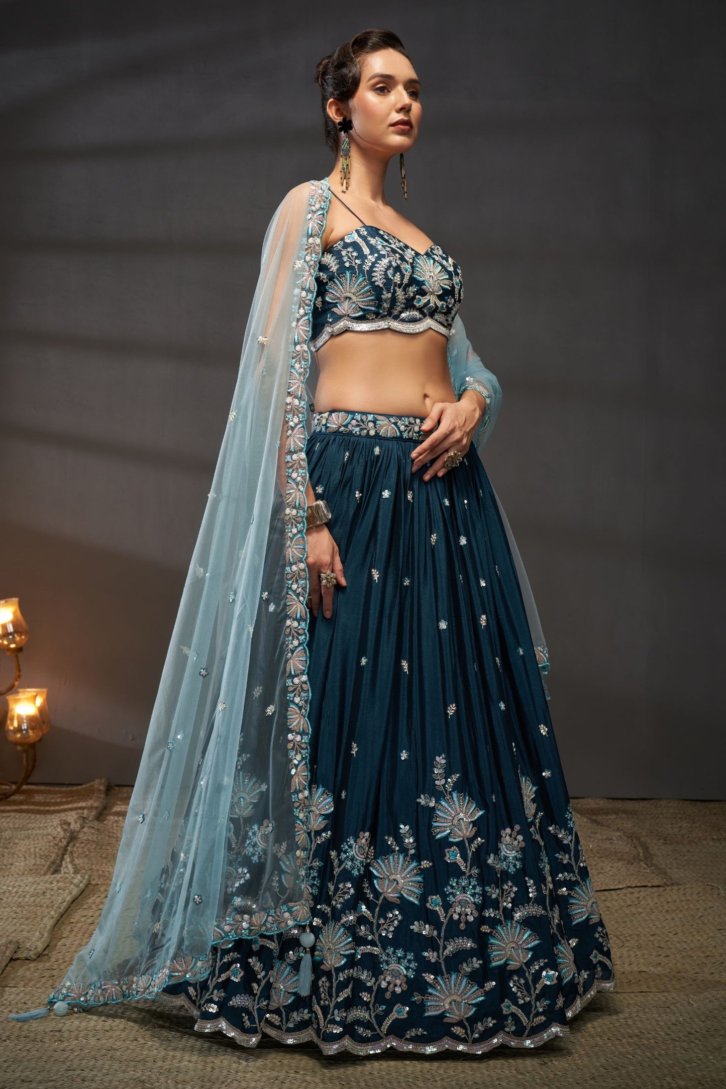 Teal Heavy Chiffon Sequence Worked Wedding Function Wear Fancy Lehenga Choli