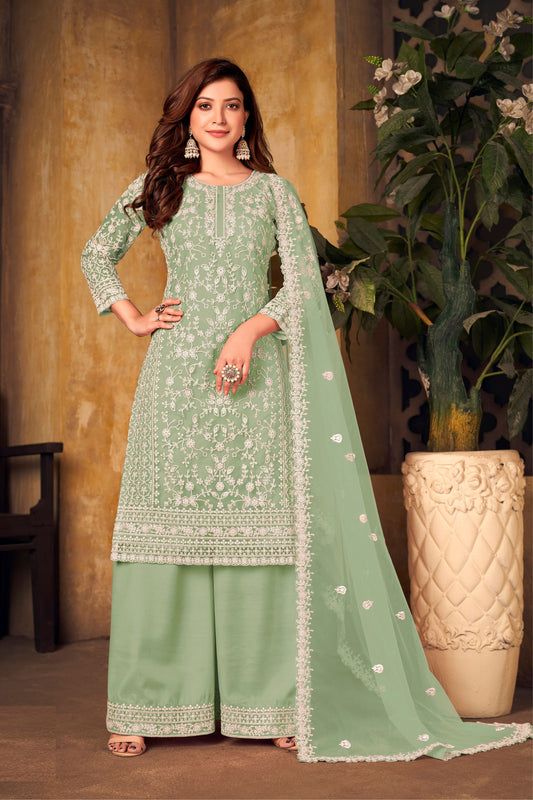 Pista Green Colored salwar Kameez In Heavy Net With Dupatta, Wedding And Festival Wear Palazzo Suits - Marriott Fashion