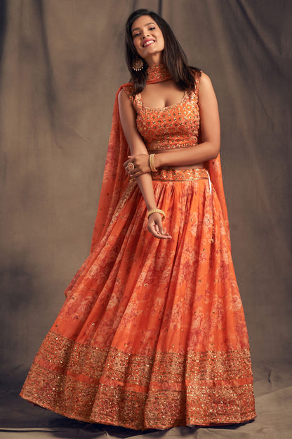 Orange Printed Organza Sequence And Zari Worked Indian Wedding & Festival Wear Lehenga Choli