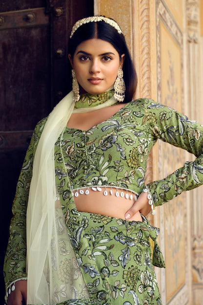 Green Crushed Silk Wedding Function Wear Printed Lehenga Choli