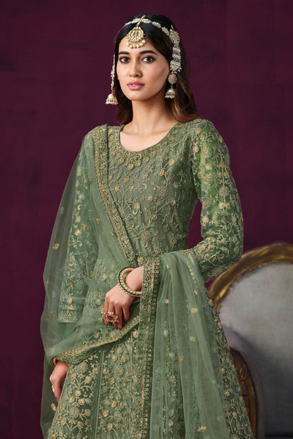 Green Heavy Net Embroidery Worked Pakistani Festival & Wedding Wear Anarkali Gown