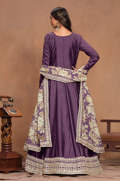 Purple Art Silk Thread &Embroidery Work For Indian Wedding & Festival Wear Long Dresses