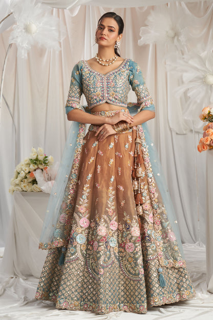 Turquoiseblue Tissue Silk Moti& Embroidery Worked Wedding Function Wear Lehenga Choli