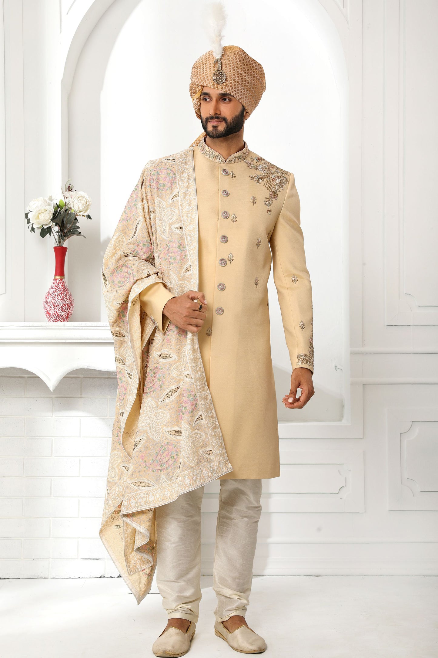 Designer Cream Heavy Art Silk Embroidery Worked Wedding & Festival Wear Sherwani