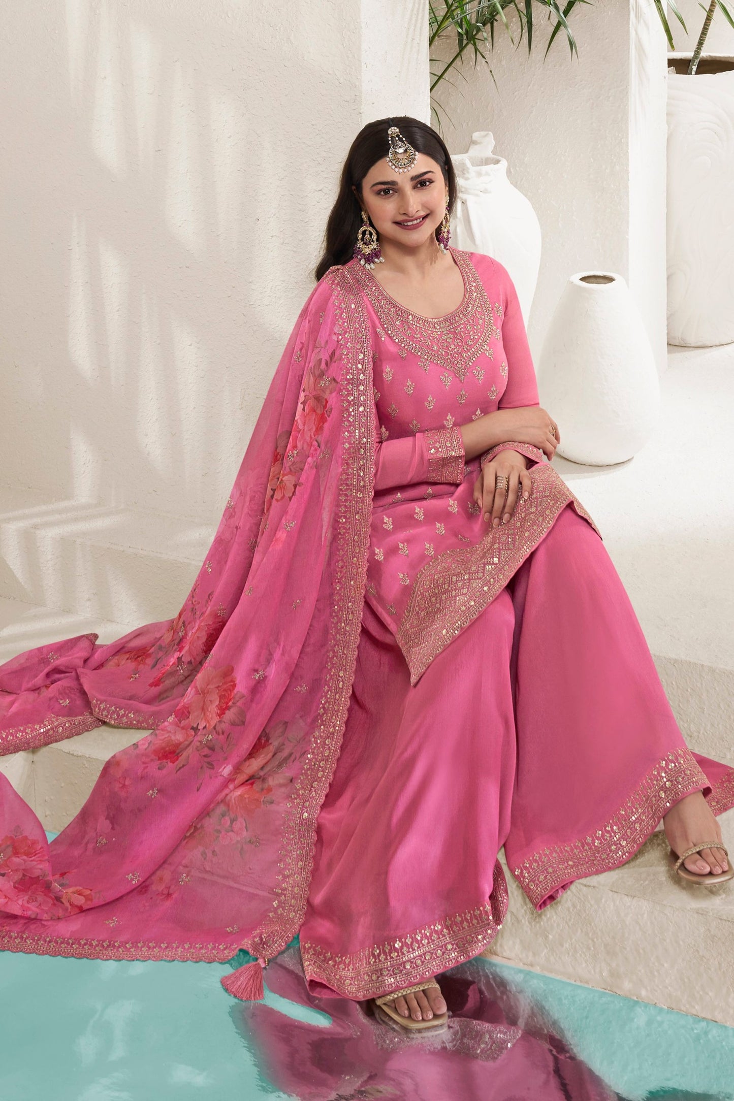 Pink Colored Chinon Salwar Suit, Same Colored Palazzo With Beautiful Dupatta , Embroidery And Multi Thread Worked Dresses - Marriott Fashion