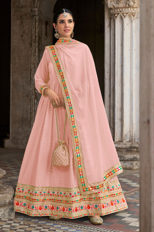 Gorgeous Pink Real Georgette Heavy Embroidery Worked Festival Wear Anarkali Gown