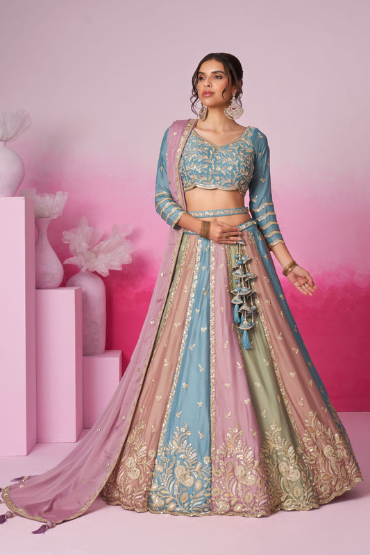 Turquoise Heavy Chiffon Embroidery Worked Wedding Wear Attractive Lehenga Choli