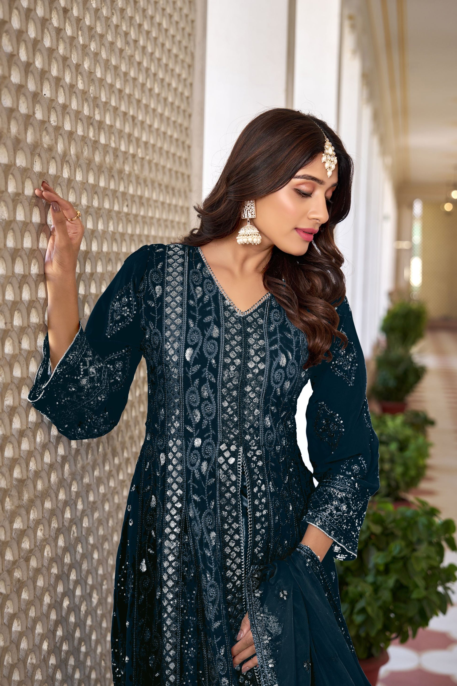 Navy Blue Colored Heavy Georgette Salwar kameez, Dull Santoon Bottom With Organza Dupatta - Marriott Fashion