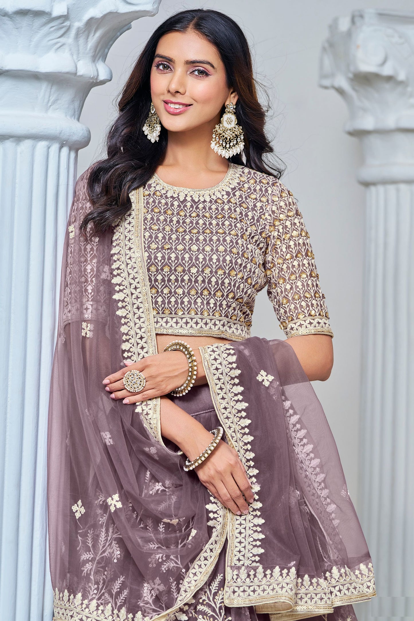 Beautiful Purple Heavy Net Thread Worked Wedding Wear Lehenga Choli