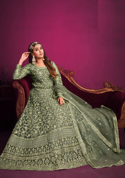 Mint Green Beautiful Long Salwar Suit In Heavy Net With Dupatta, Ready To Wear Outfit Anarkali Gown - Marriott Fashion