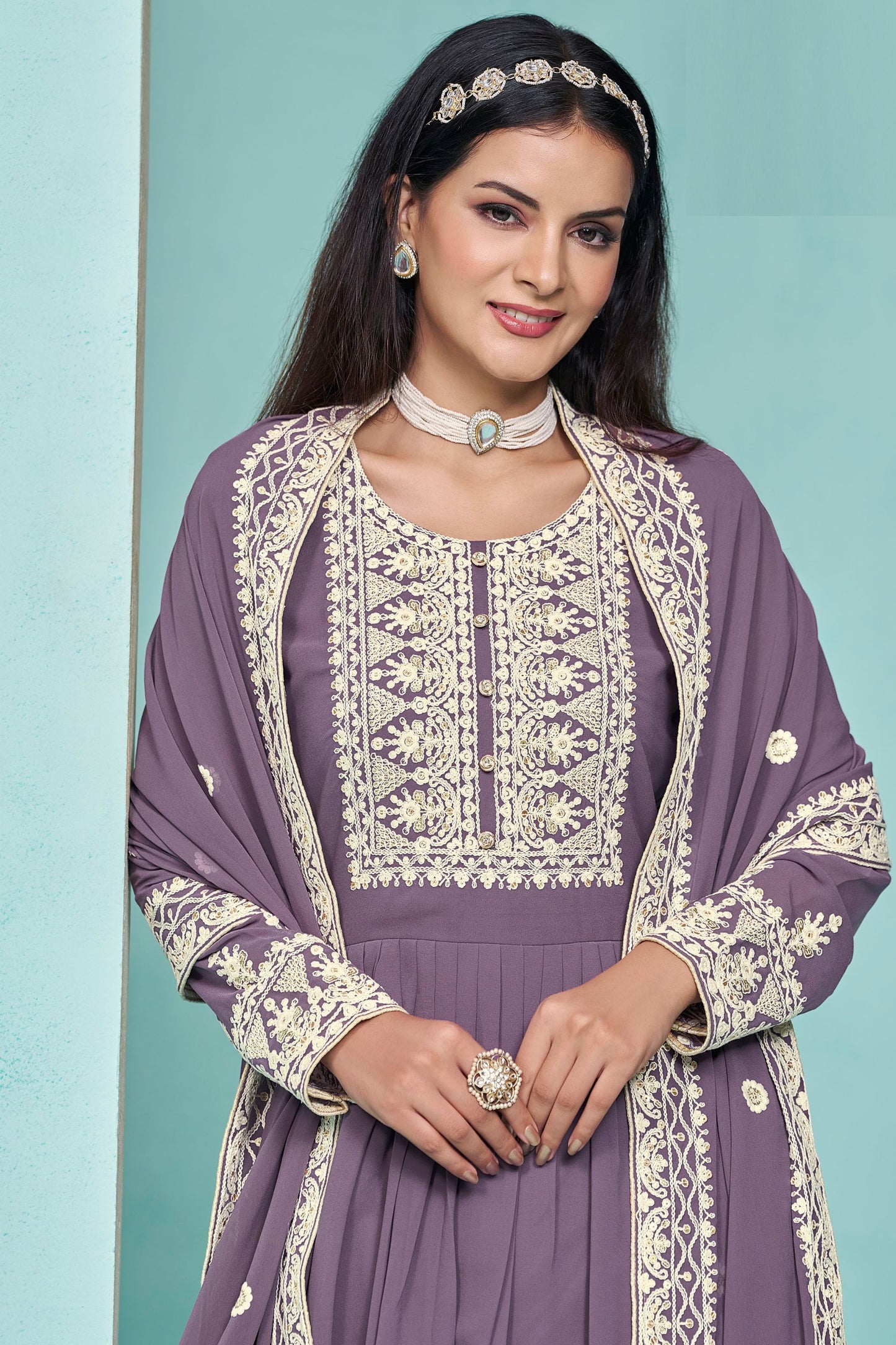 Purple Designer Long Georgette Indian Festival Wear With Beautiful Dupatta Salwar Kameez