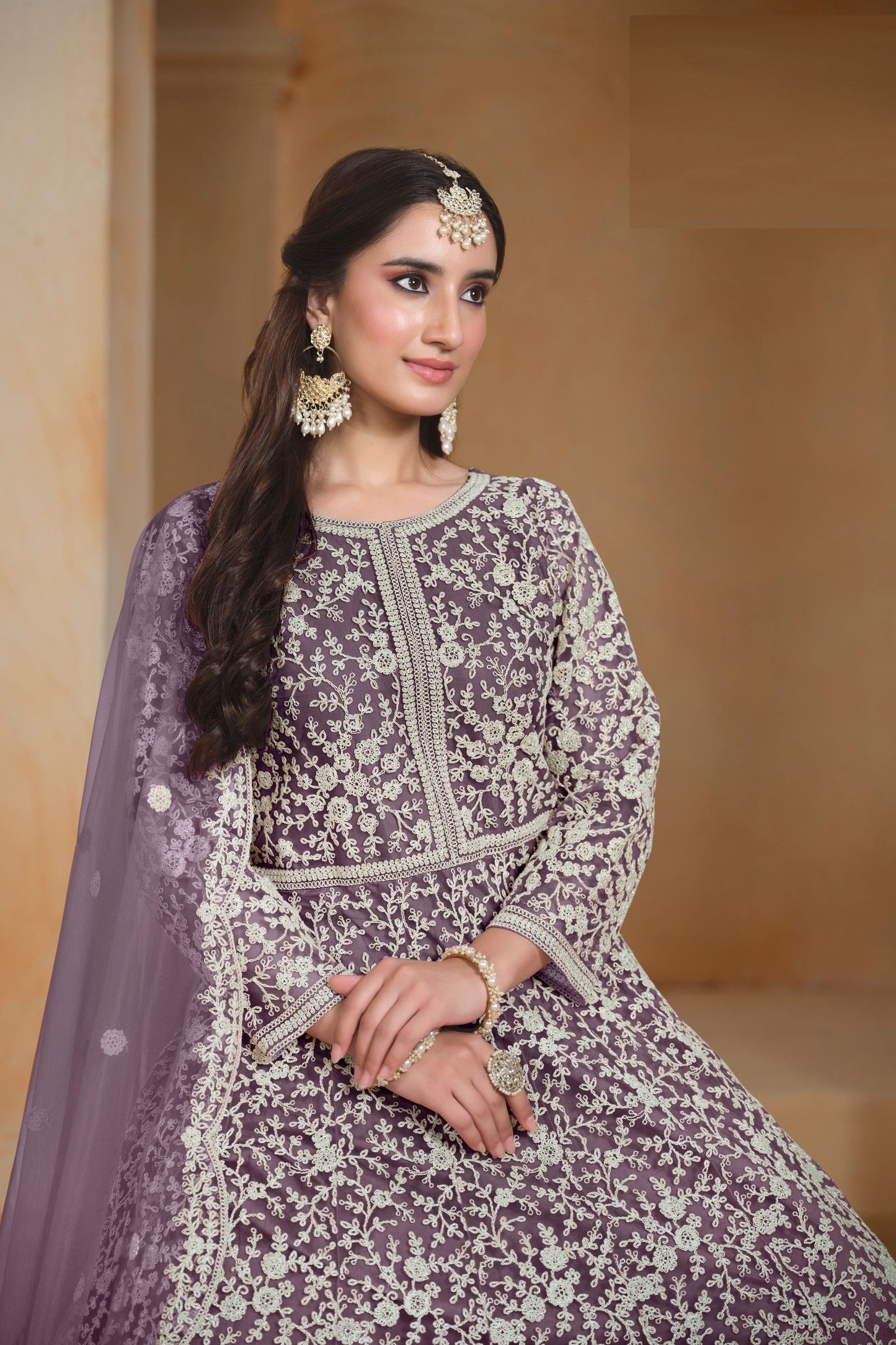 Bridal Wear Purple Colored Heavy Net Anarkali Gown, Wedding & Reception Outfit Wear Pakistani Salwar Kameez - Marriott Fashion