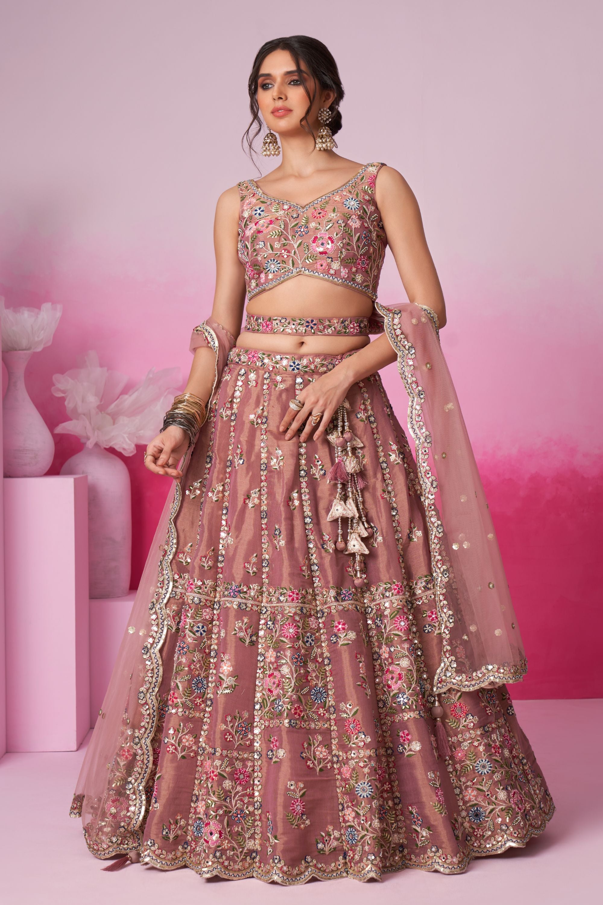 Rose Gold Heavy Net Sequence Worked Wedding Wear Lehenga Choli