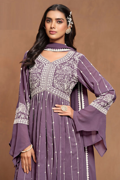 Purple Faux Georgette Embroidery Worked Wedding & Festival Wear Sharara Suits