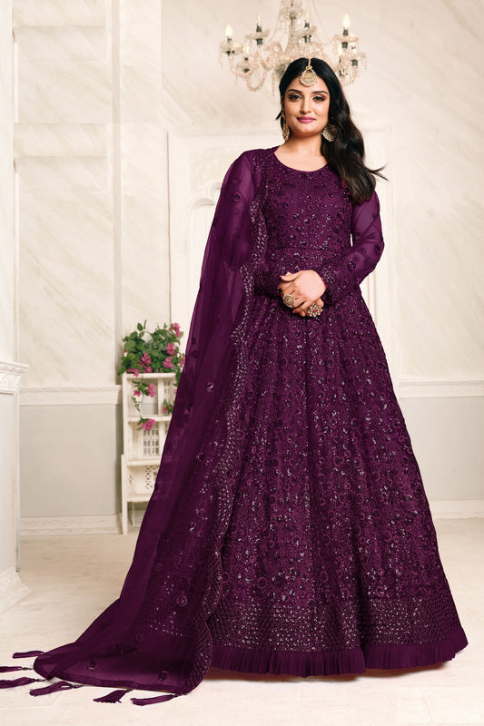 Attractive Wine Heavy Net Embroidery Worked Wedding & Festival Wear Anarkali Gown