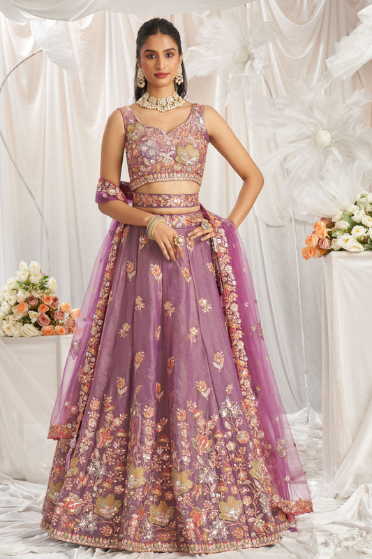 Lavender Organza Embroidery Worked Wedding And Function Wear Lehenga Choli