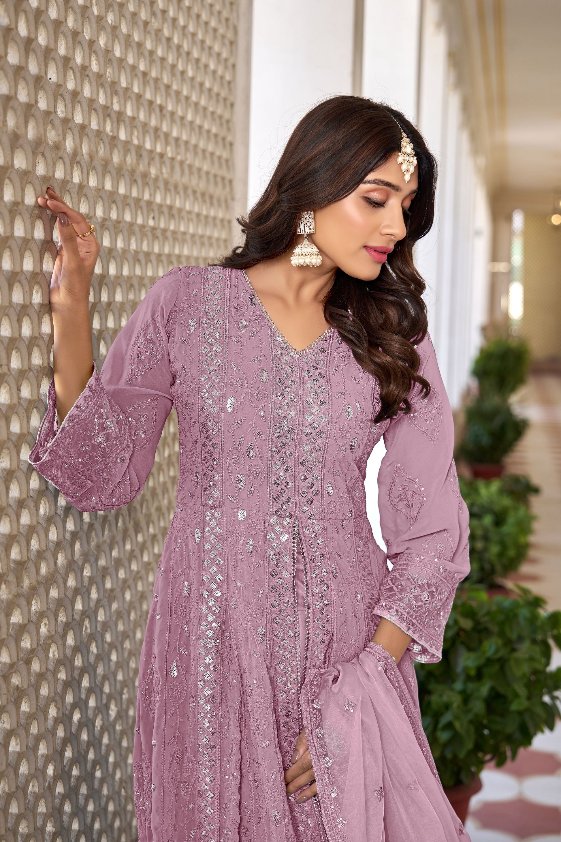 Pink Colored Faux Georgette Slit Style Salwar Kameez, Dull Santoon Bottom With Organza Dupatta - Marriott Fashion