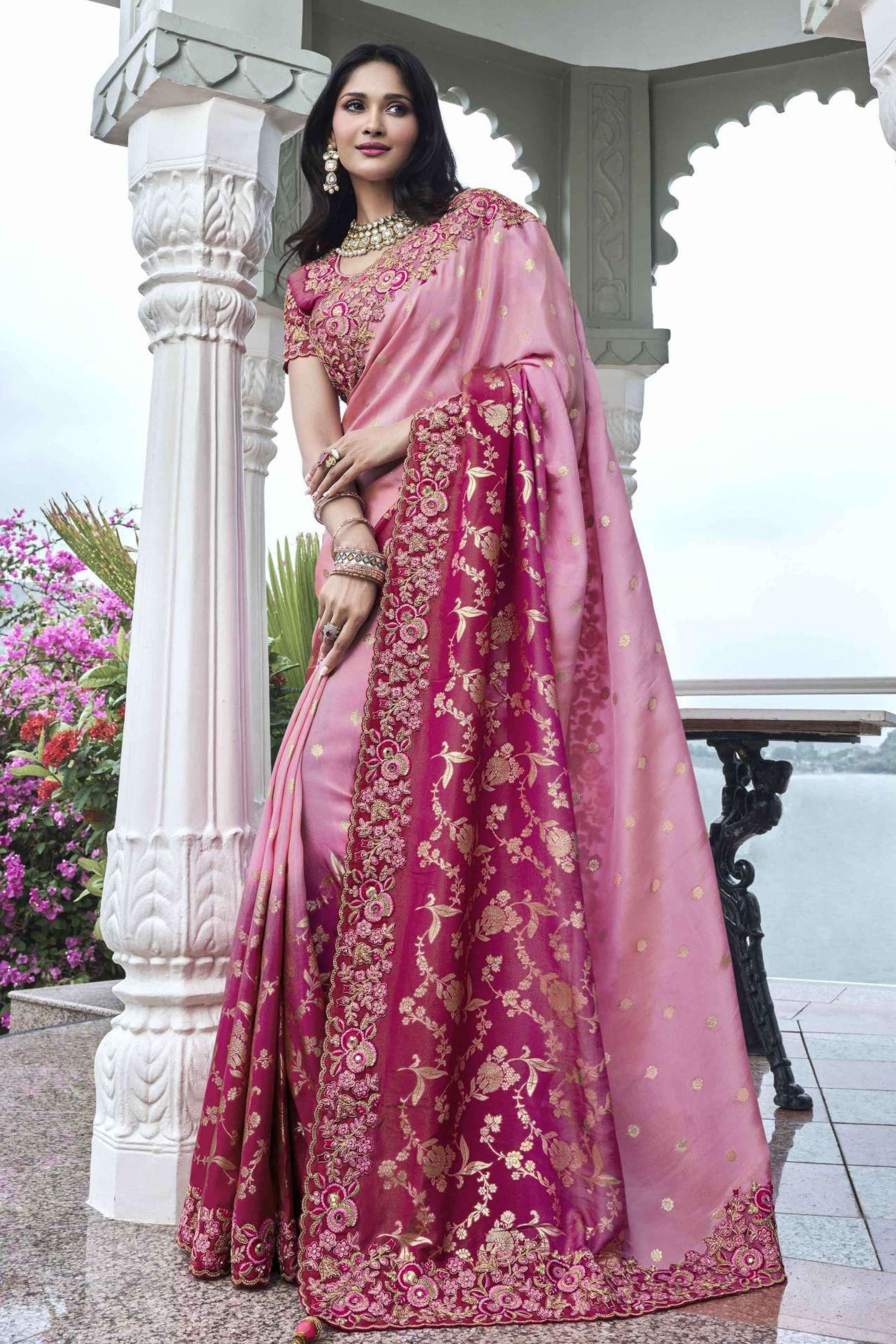 Reception Party Wear Rani Pink Colored Heavy Silk Saree With Embroidery Worked Un Stitched Blouse Piece, Traditional Outfit Wear Saree - Marriott Fashion