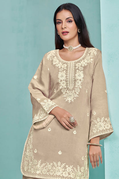 Beige Colored Heavy Silk Salwar Suits, Santool Bottom With Organza Dupatta - Marriott Fashion