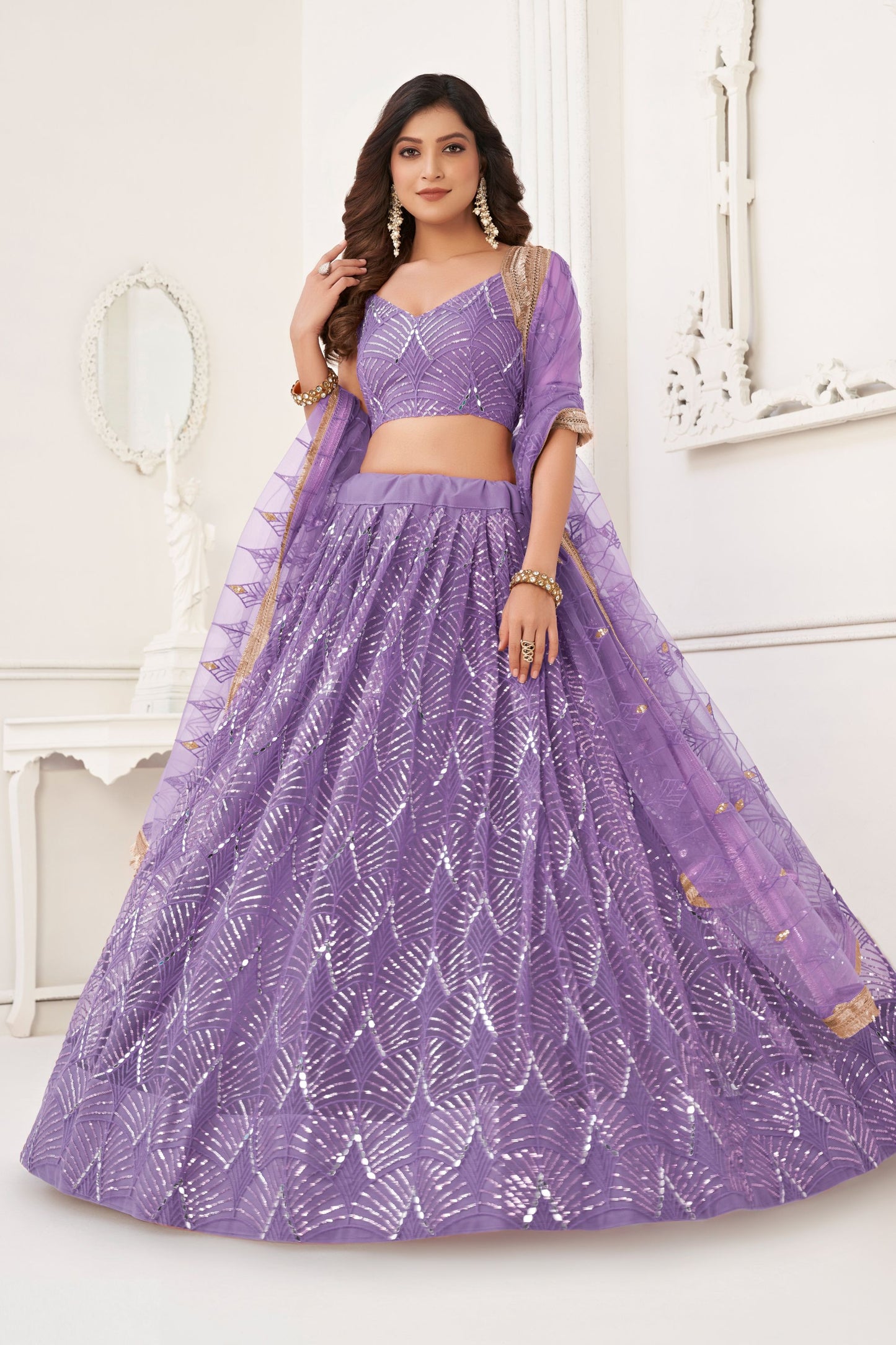 Lavender Colored Heavy Butterfly Net Lehenga Choli With Dupatta, Wedding Function Wear Embroidery Worked Lehenga Choli - Marriott Fashion