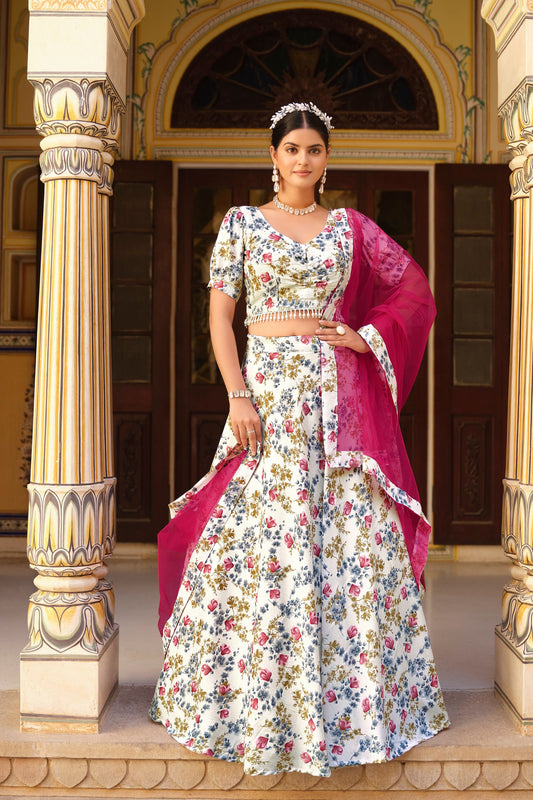 White Crushed Silk Wedding & Festival Wear Printed Lehenga Choli