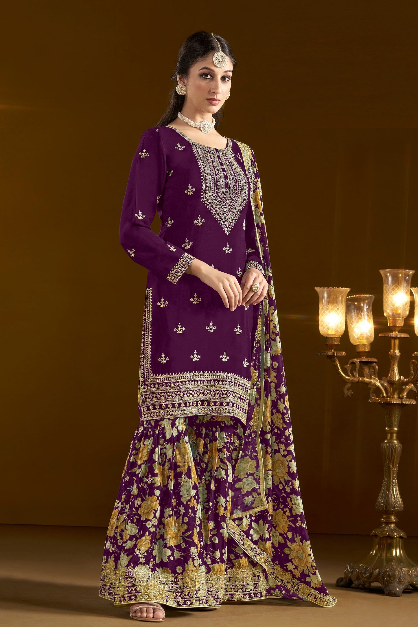 Purple Most Beautiful Chinon Palazzo Suits With Dupatta, Indian festival Wear Embroidery Worked Salwar kameez