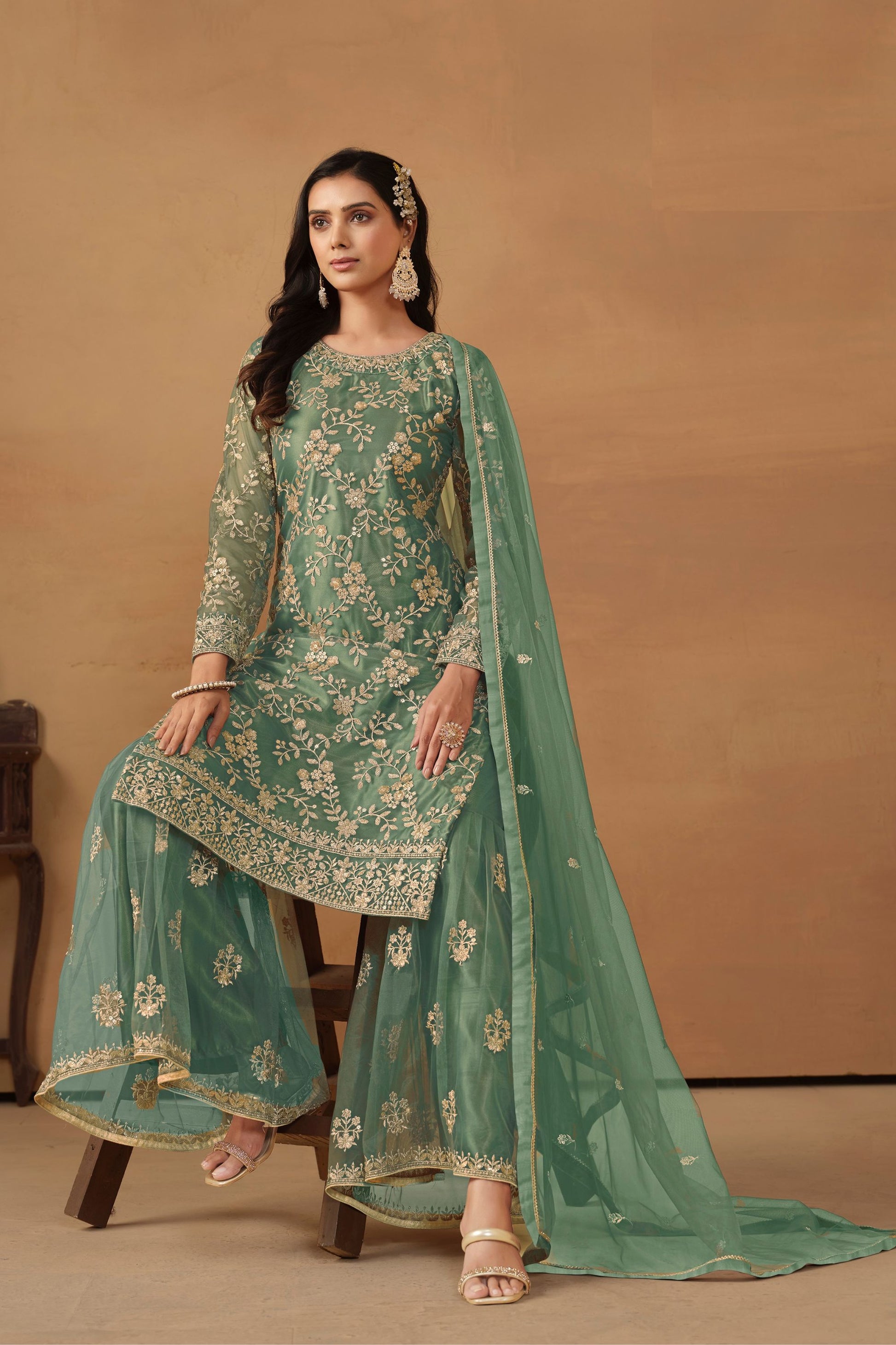 Pista Green Colored Heavy Net Sharara Suit With Beautiful Dupatta, Pakistani Outfit - Marriott Fashion