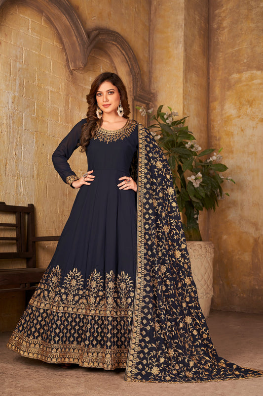 Blue Heavy Georgette Embroidery Worked Wedding & Festival Wear Anarkali Gown