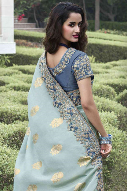 Blue Viscose Silk Designer Saree with Embroidered Blouse For Wedding & Festival Wear Beautiful Saree For Women - Marriott Fashion