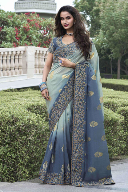 Blue Viscose Silk Designer Saree with Embroidered Blouse For Wedding & Festival Wear Beautiful Saree For Women - Marriott Fashion