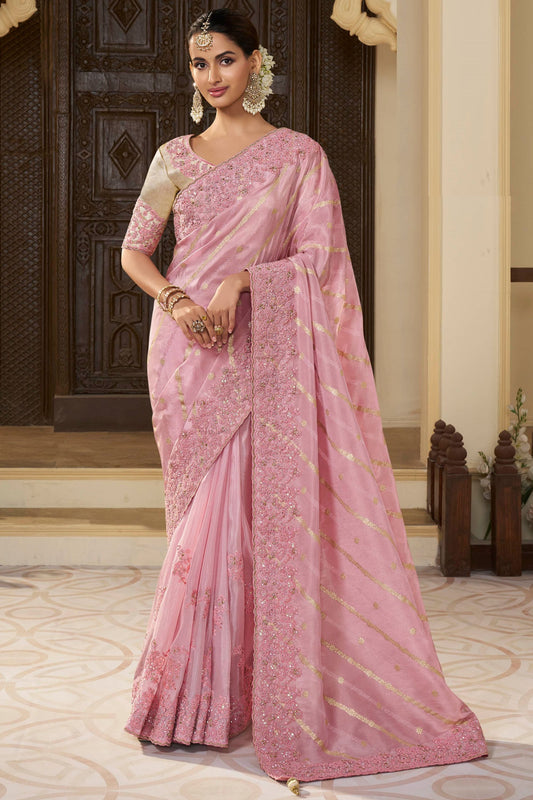 Pink Pure Tissue Silk Stone& Mirror Worked Indian Wedding & Festival Wear Saree