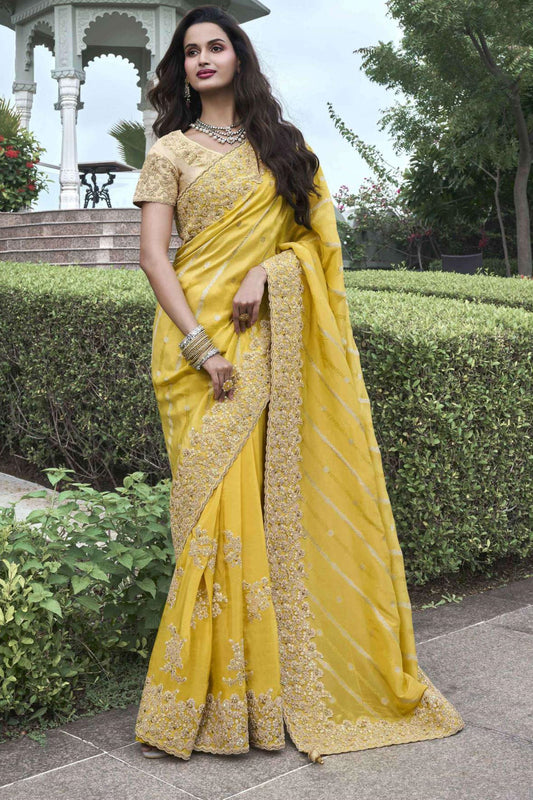 Yellow Wedding Designer Collection Wear Saree With Heavy Embroidery Worked Blouse Piece, Most Beautiful Saree For Women - Marriott Fashion