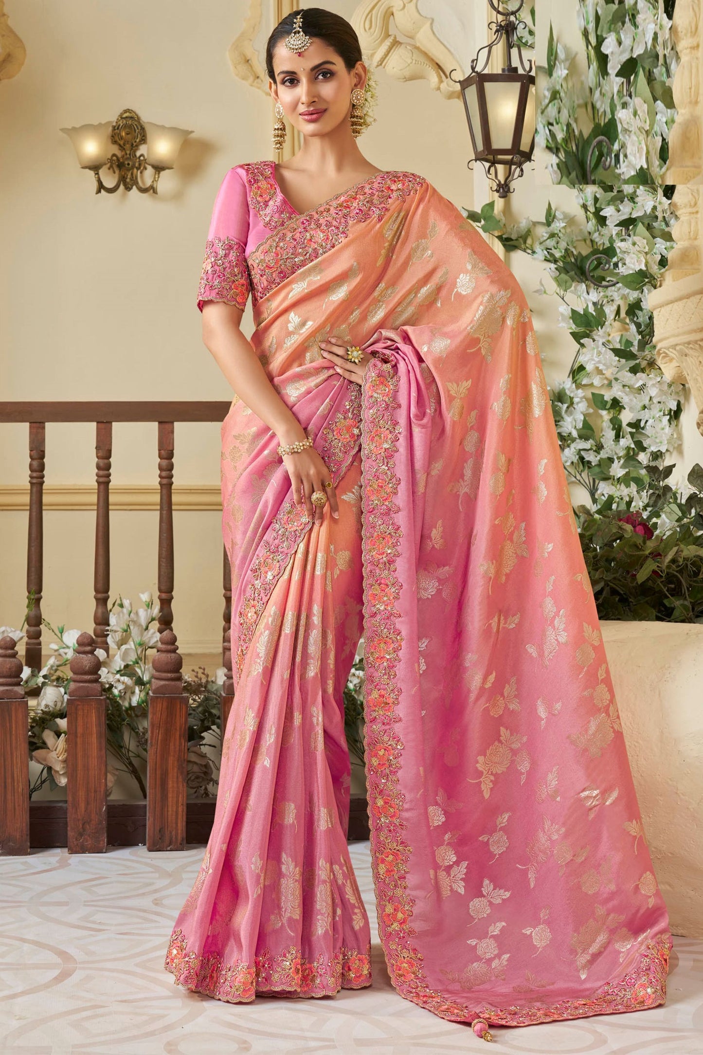 Pink Pure Tissue Silk Stone& Mirror Worked Indian Wedding & Festival Wear Saree