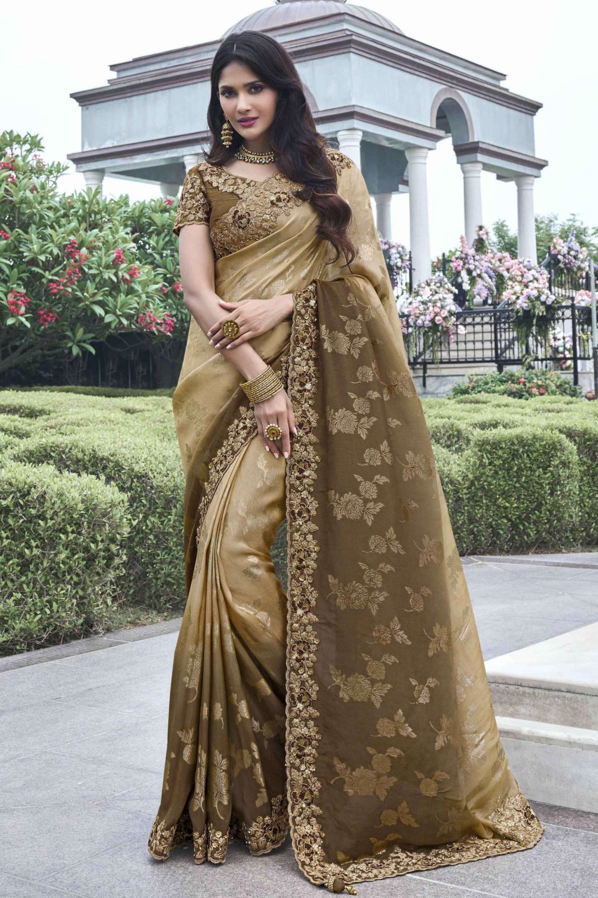 Gorgeous Brown Colored Viscose Silk Saree With Stone & Embroidery Worked Blouse, Beautiful Outfit Wear Saree - Marriott Fashion