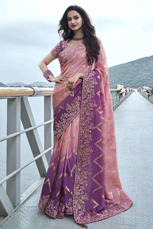 Wonderful Pink & Purple Colored Stone Worked Heavy Silk Saree With Blouse Piece, Wedding Wear Saree For Women - Marriott Fashion