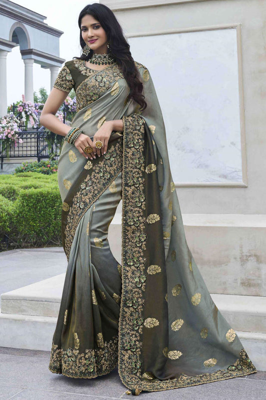 Grey & Mehendi Green Colored Silk Saree For Women, Wedding Function Wear Traditional Rmbroidery Worked Saree - Marriott Fashion