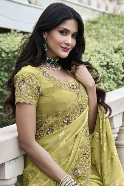 Attractive Lime Green Colored Saree In Heavy Silk With Un Stitched Blouse Piece Wedding & Party Wear Bollywood Style Saree - Marriott Fashion