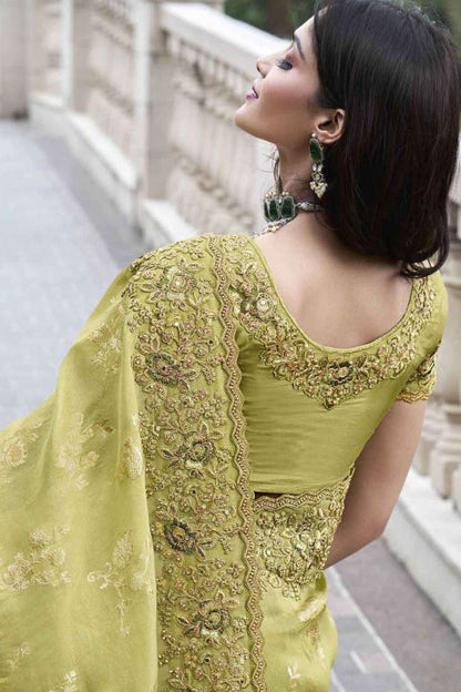 Attractive Lime Green Colored Saree In Heavy Silk With Un Stitched Blouse Piece Wedding & Party Wear Bollywood Style Saree - Marriott Fashion