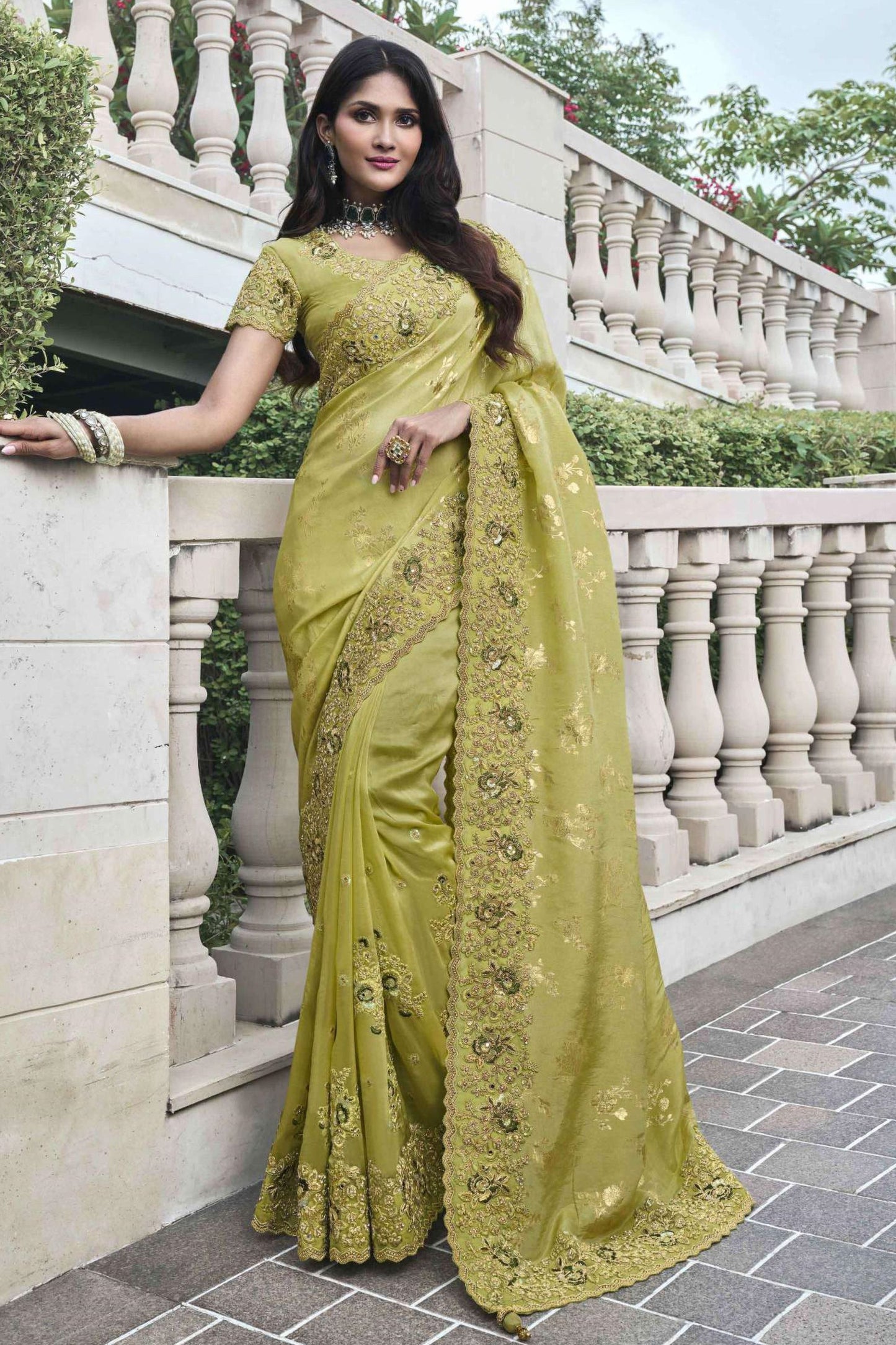 Attractive Lime Green Colored Saree In Heavy Silk With Un Stitched Blouse Piece Wedding & Party Wear Bollywood Style Saree - Marriott Fashion