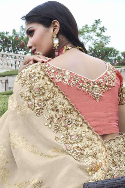 Cream Designer Viscose Silk Saree With Designer Embroidery & Stone Worked Blouse Piece, Indian Wedding Outfit Wear Saree - Marriott Fashion